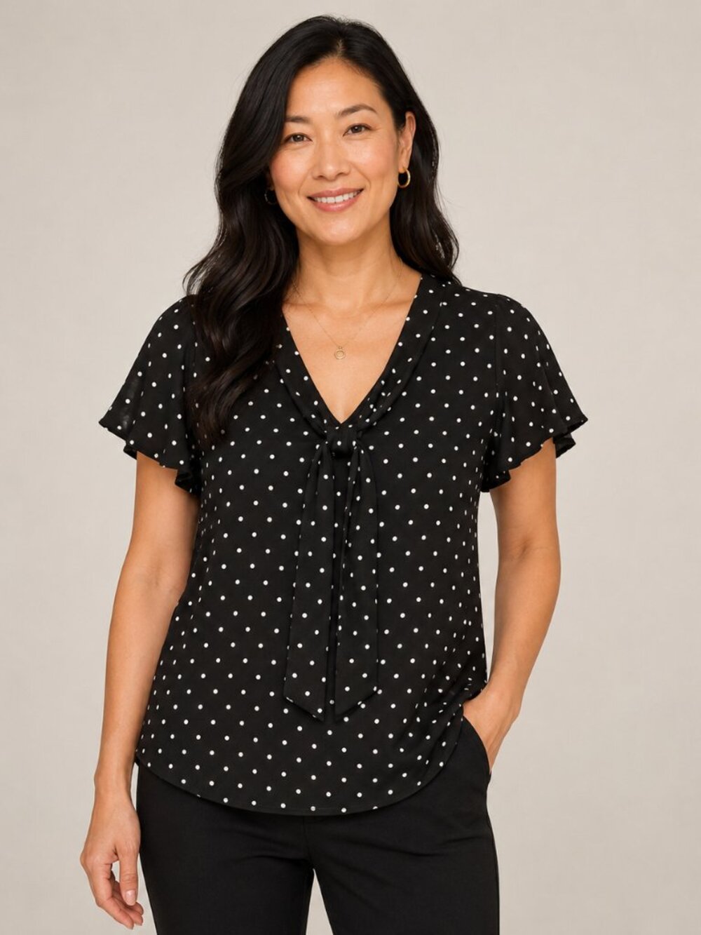 Adrianna Papell XL Black White Polka Dot Tie Neck Flutter Sleeve Blouse